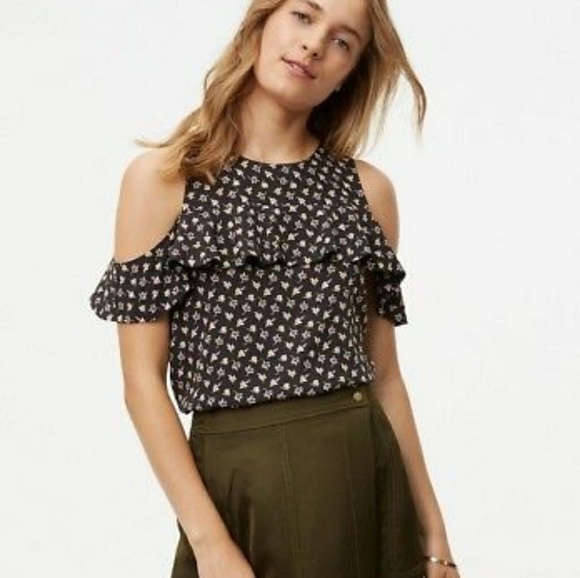 LOFT Tops - Loft Petite Floral Ruffle Cold Shoulder Top